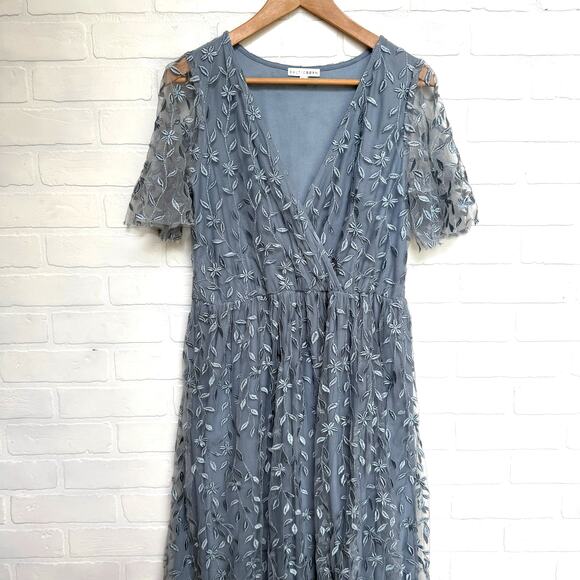 Baltic Born Marseille Embossed Floral Grey Blue Vneck Long Tulle Dress -sz XL - Picture 1 of 9
